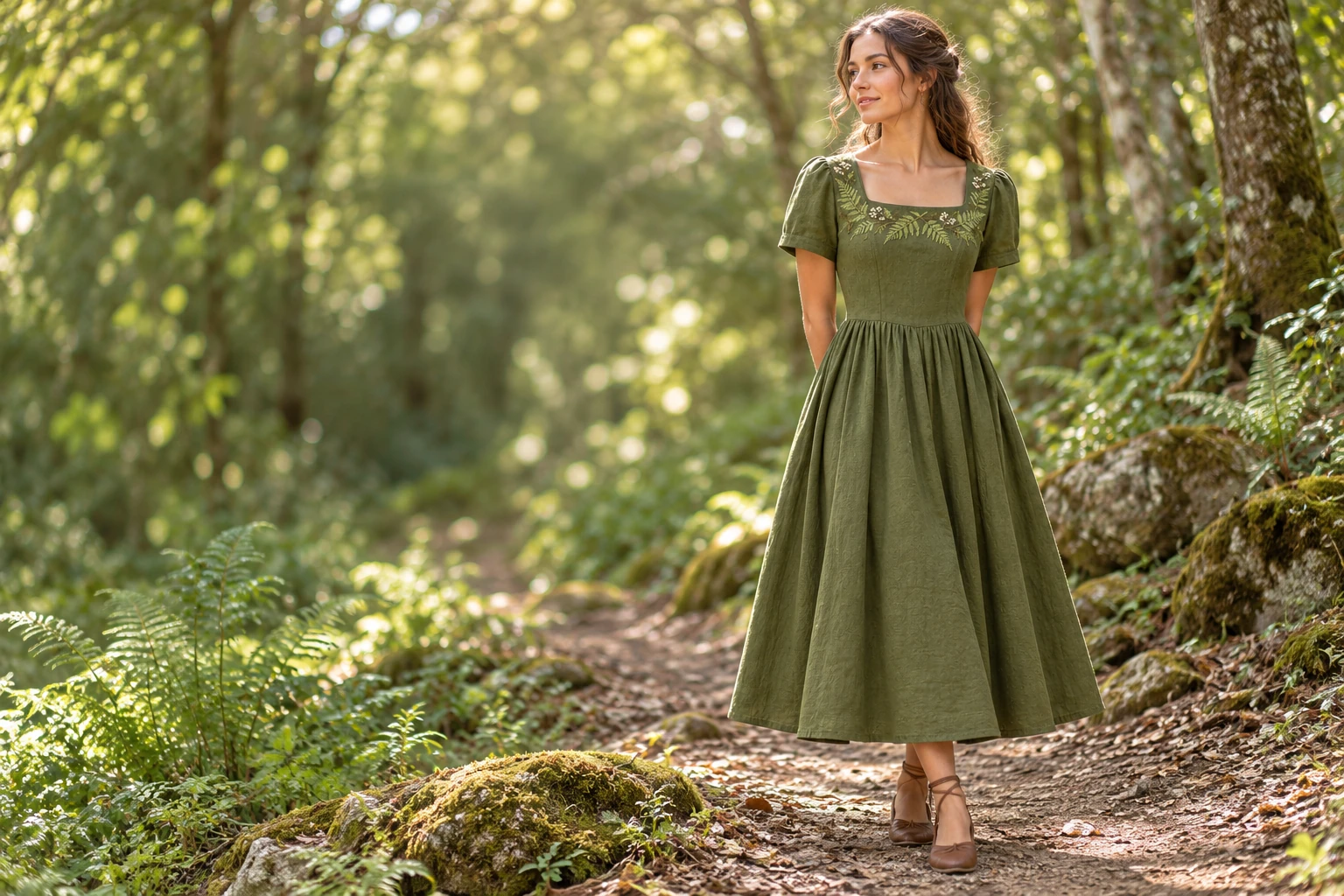 Fernlight cotton dress with fern embroidery in a woodland setting