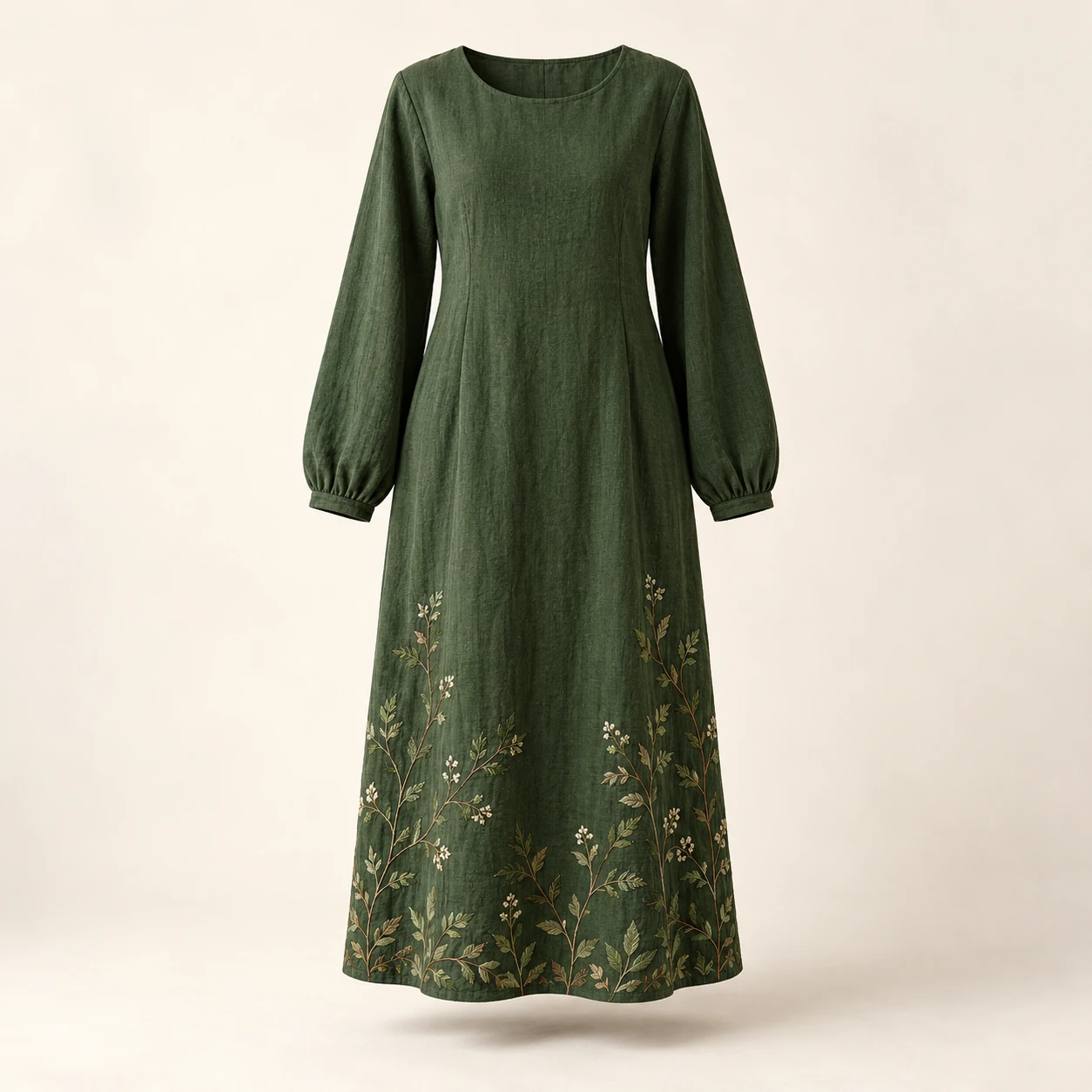 Moss & Thread Dress, Deep moss, vine embroidery along the hem