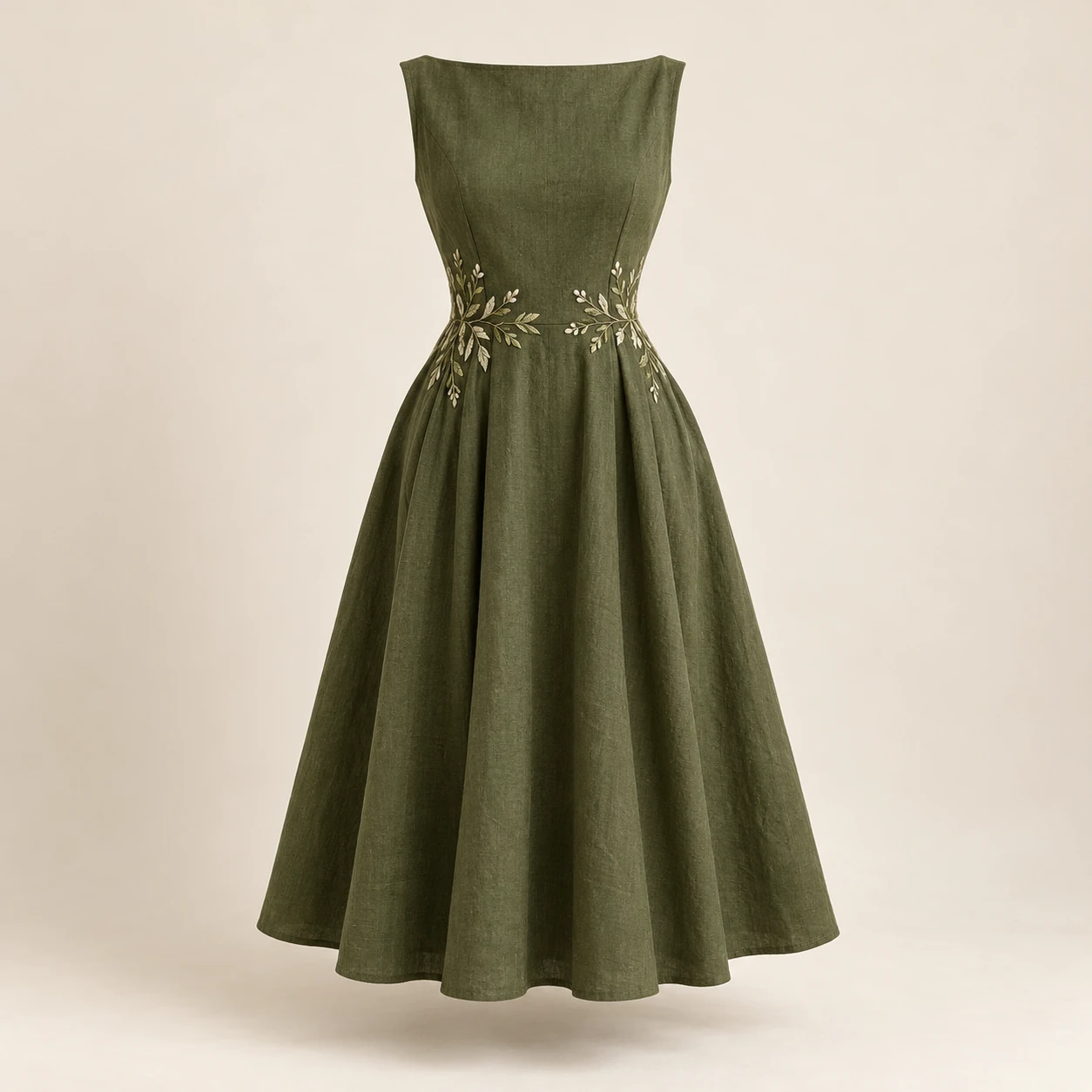 Olive Sprig Dress, Olive, olive sprig embroidery at one side of the waist