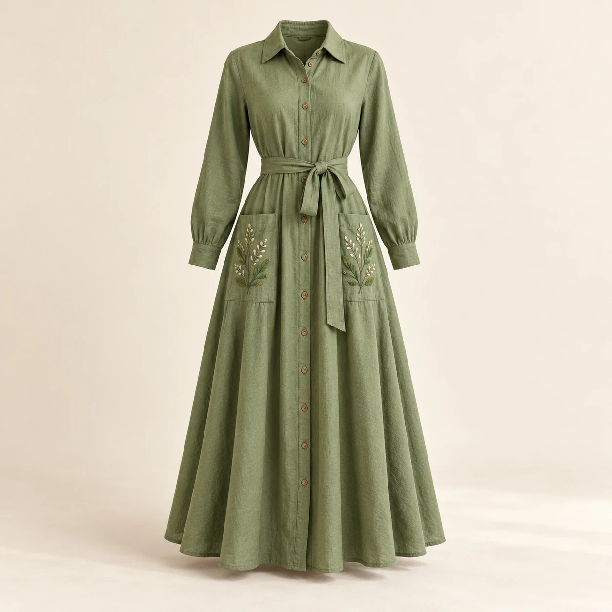 Willow Path Shirt Dress, Willow green, leaf embroidery on the chest pocket