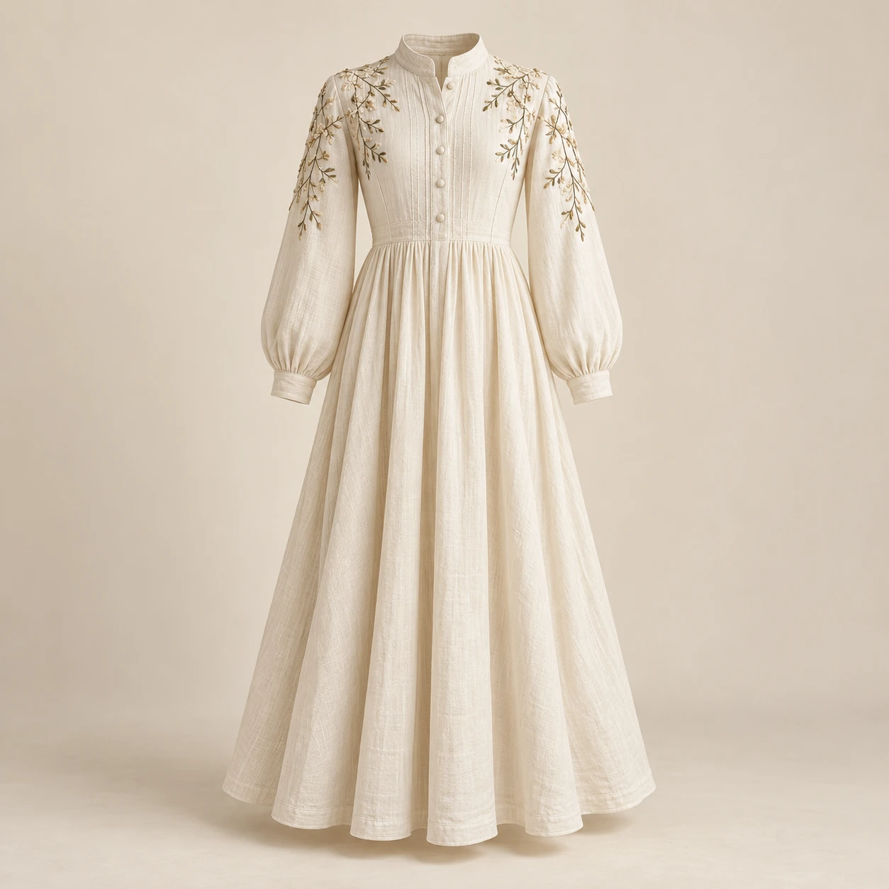 Woodland Bloom Dress, Ivory, flowering branch embroidery at the shoulders